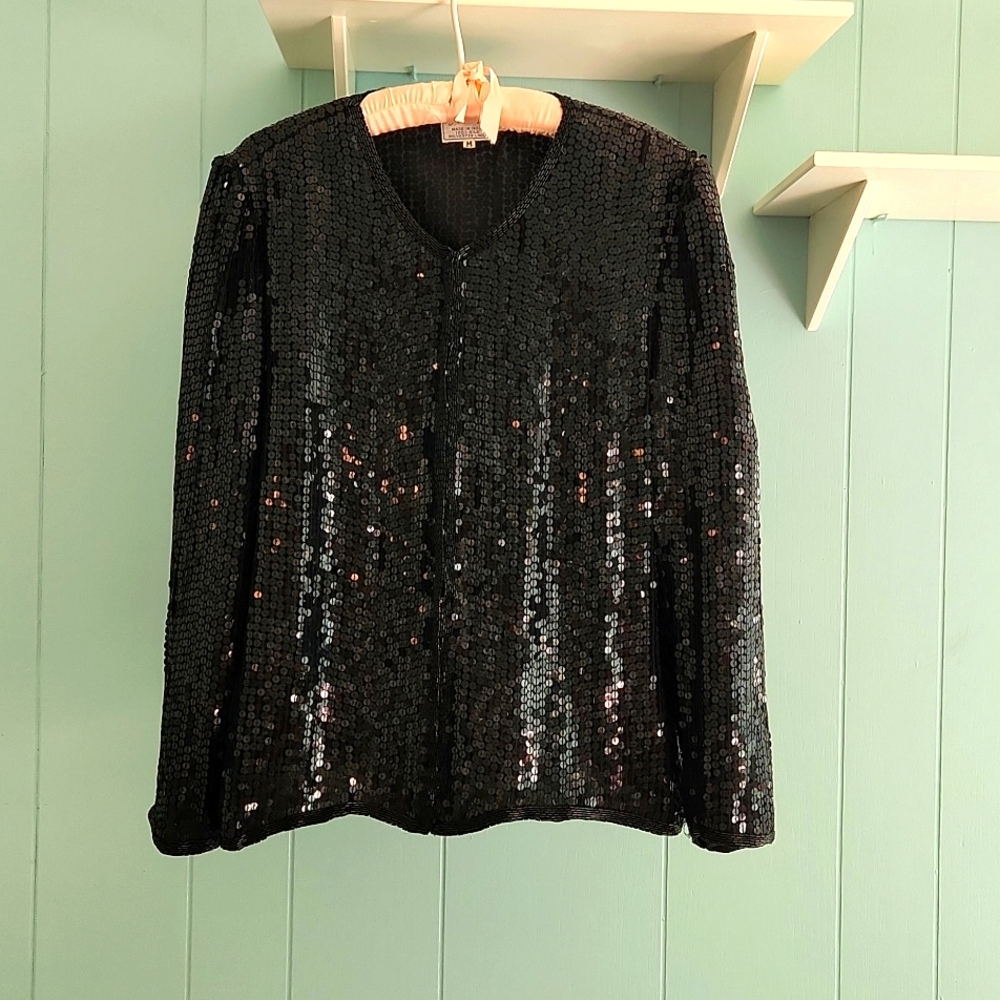 100% Silk Beaded Stenay Long Sleeve Top Size Medium